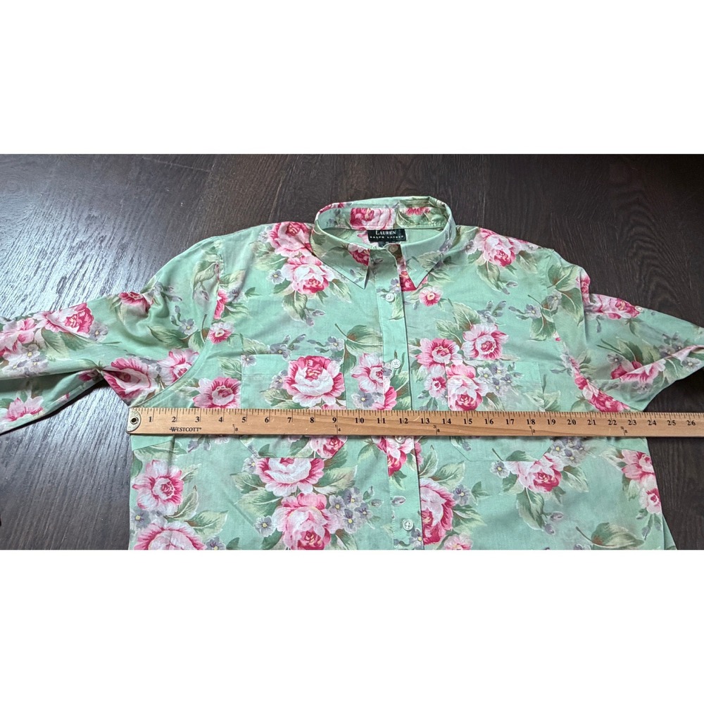 Lauren Ralph Lauren Women 1X Sage Green Pink Rose Floral Cotton Shirt Cottage - Picture 4 of 5